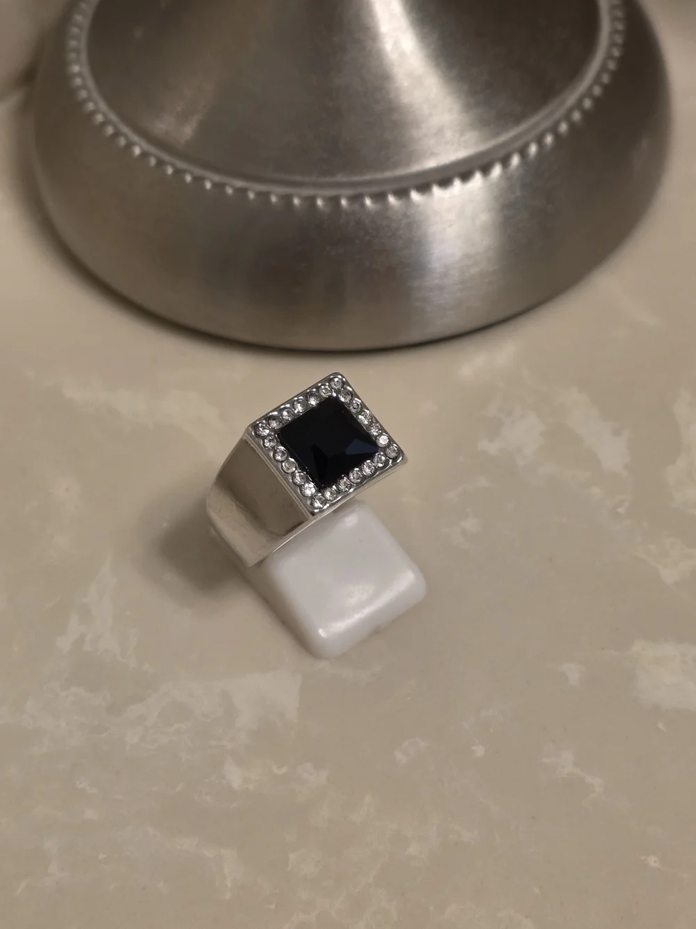 Men's Silver CZ and Onyx Statement Ring Size 8